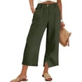 thumbnail image 2 of Inleife Women's Solid Color Cropped Pants Summer Ladies Wide Leg Elastic Waist Button Capris with Pockets And Slit Hem Army Green L, 2 of 6