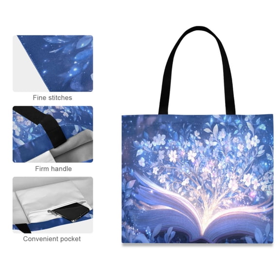 Canvas Tote Bag for Women Girls Design Print Magical Book with Flowers Tote