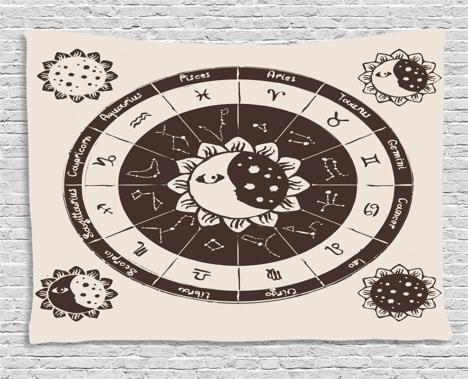 Constellation Tapestry, Zodiac Signs Circle with Sun and Moon Floral
