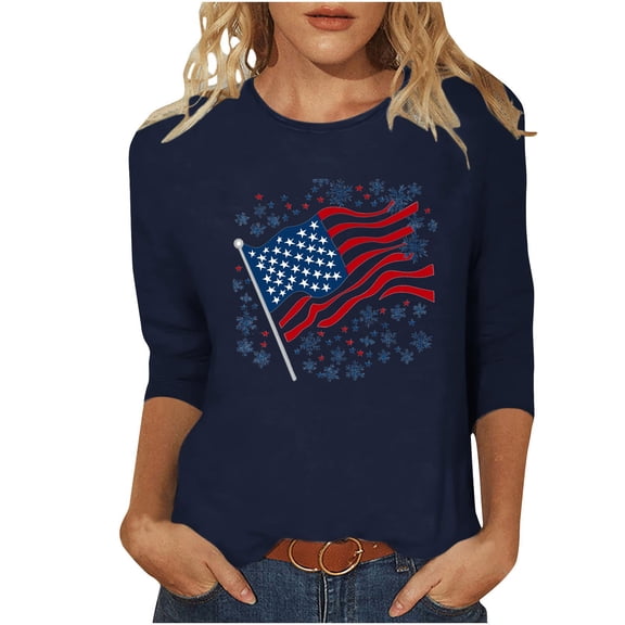 4th of July Shirts Women American Flag 3/4 Sleeve Shirt Tops Casual Summer T Shirt Patriotic Tees