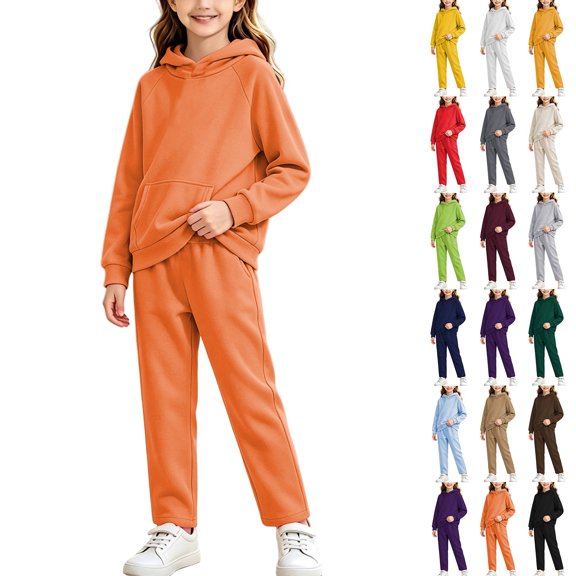 Girls 2 Piece Pullover Hoodie and Sweatpants Set Solid Color Long Sleeve Outfit with Kangaroo Pocket for Cozy Fall Winter School Daily Wear