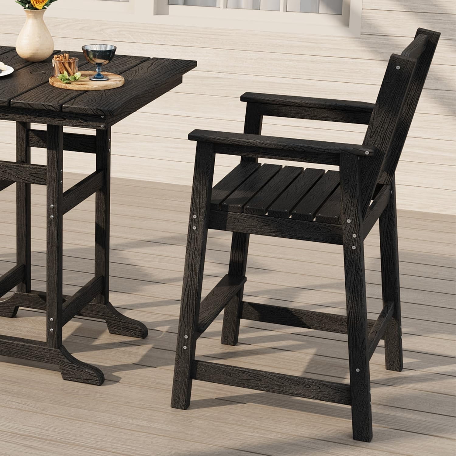 Adirondack Bar Chair Set of 2, HDPE Outdoor Bar Stools with Footrest, All Weather Adirondack Bar Height Chairs for Patio, Balcony, Porch, Deck, Poolside, Obsidian