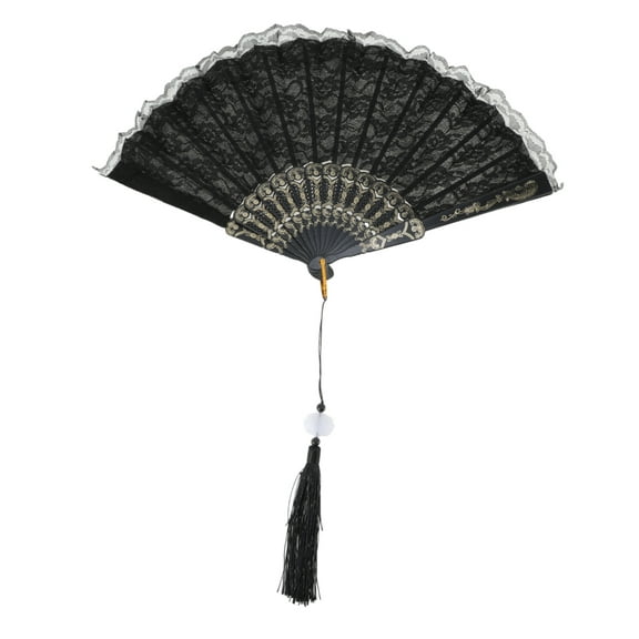 Unique Bargains 1 Pc Lace Trim Orchid with Tassel Folding Fan for Masquerade Black Silk Fabric