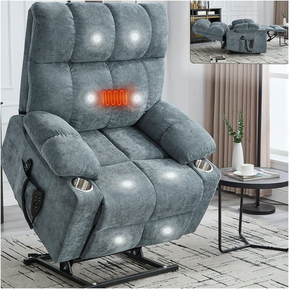 JERFIT Power Lift Recliner Chair with Massage and Heat, Infinite Position Reclining, Dual Cup Holders, Oversized for Big and Tall, Grey-Blue