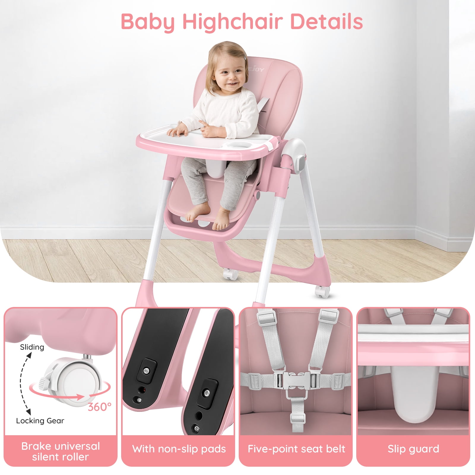 Sejoy 4 Wheels Baby High Chair for Toddlers, Foldable High Chair with Adjustable Seat Heigh, Pink