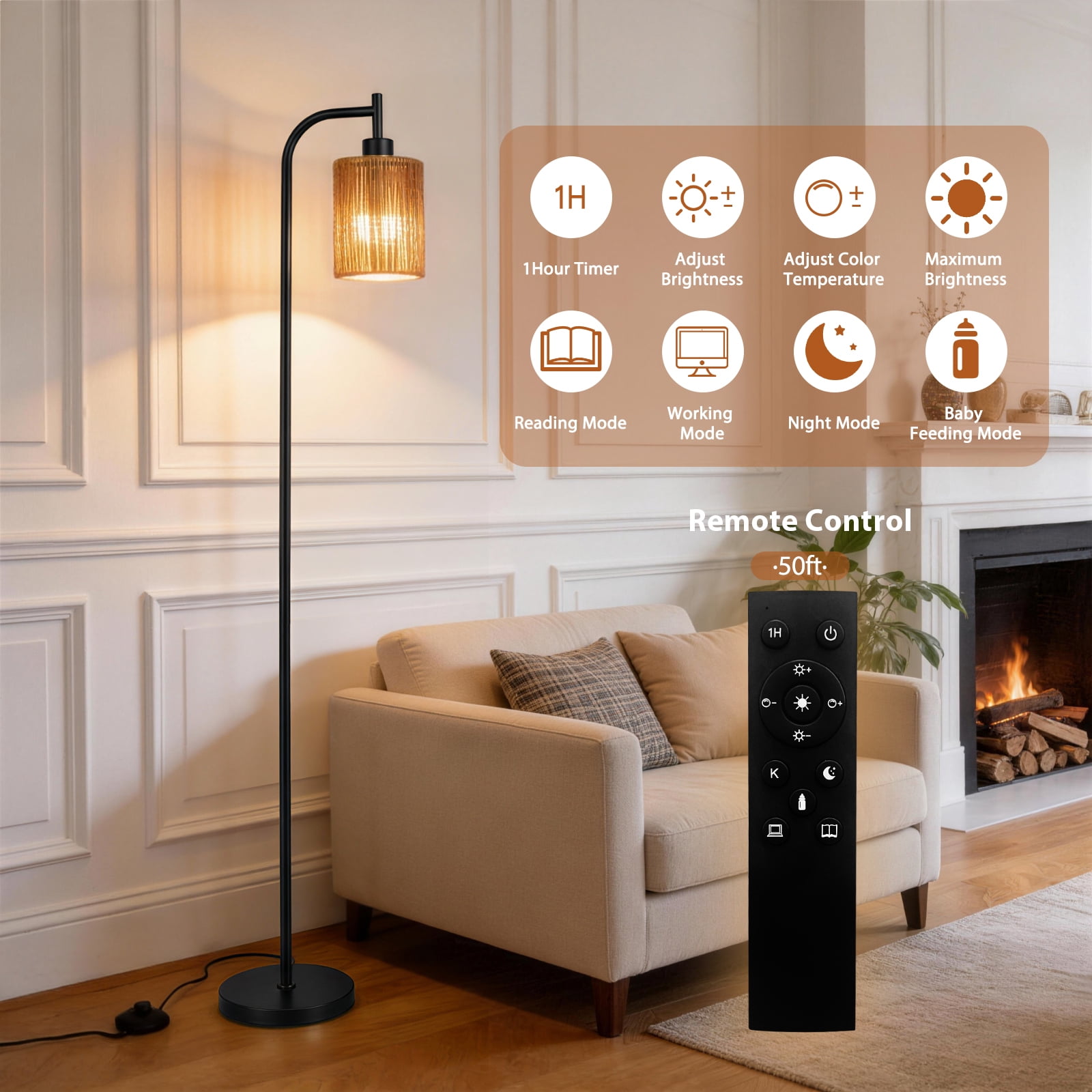 66" Rattan Floor Lamps for Living Room with Remote Control 3 Color Temperature Dimmable Boho Standing Lamp Tall Pole Lamps for Bedroom, Office,Black,Bulb Included