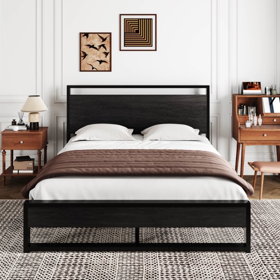 Amolife Full Platform Bed Frame with Wooden Headboard and 13 Strong Steel Slats Support, Black Oak