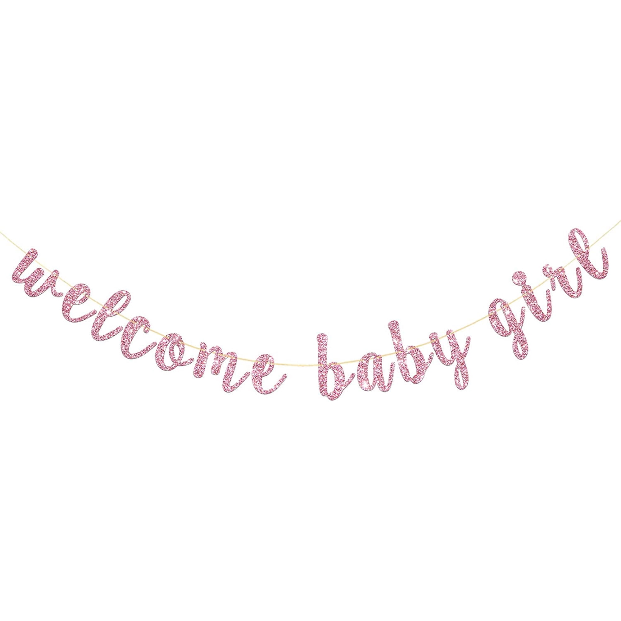 Welcome Baby Girl Banner - Baby Shower Party Garland Supplies- One Month - Baby Girl 1st Birthday Party Decorations - Pink Glitter