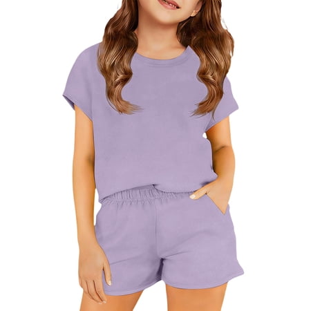 NordicNest Trendy Summer Outfits 2026 for Girls 2 Piece Girls Spring Outfits Short Sleeve Top & Shorts Set with Pockets Purple 150