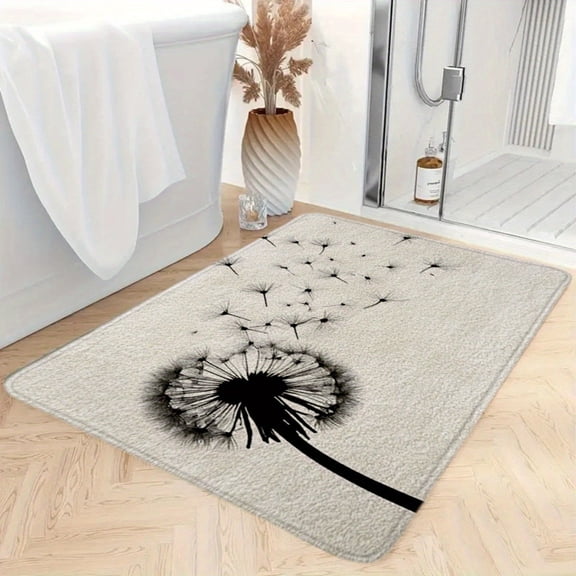 Non-Slip Dandelion Bath Mat, Machine Washable Flannel, Black White Pattern, 0.4" Thick for Bathroom, Living Room & Laundry