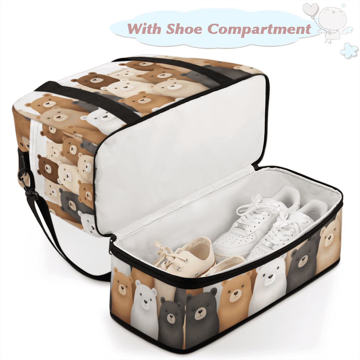 Herdesigns Bear Cute Foldable Travel Duffel Bag with Shoe Compartment, Weekend Overnight Carry On Bags for Men Women, Large Sports Gym Luggage