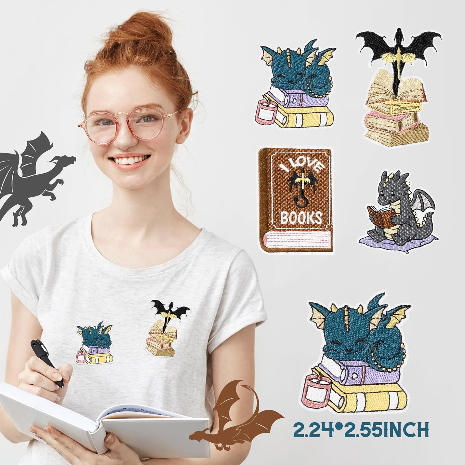4 Pcs Book Dragon Iron on Patches Cute Fantasy Dragon Sew on Repair Embroidered Applique Reading Club DIY Crafts Accessories Bookish Gifts for Book Lover Fantasy Reader Bookworm Clothing Backpack Hat