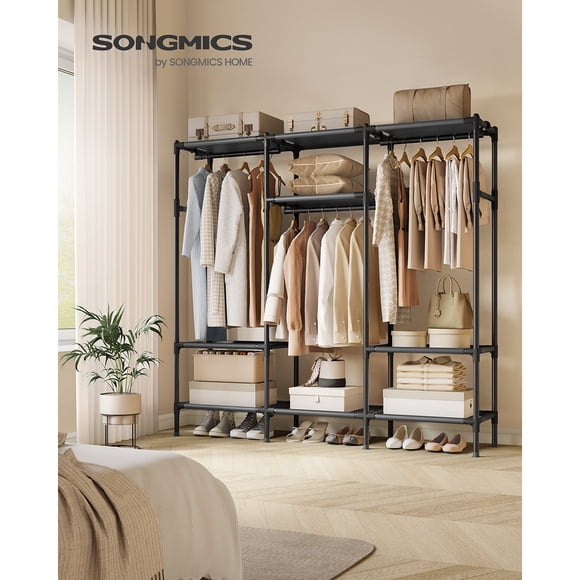 SONGMICS Clothes Rack, Portable Closet, Heavy-Duty Wardrobe Closet Organizer with Hanging Rails and Shelves, 74.8 Inches Tall, Total Load 330 lb, Easy Assembly, for Bedroom, Ink Black