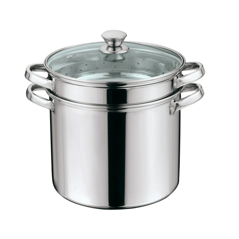 8 Quart Stainless Steel Stock Pot With Colander, Steamer, Glass Lid, Silver