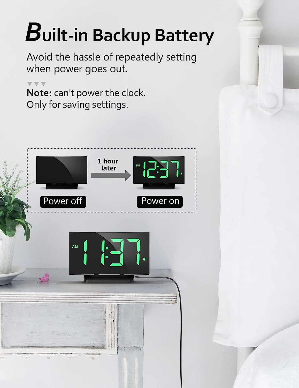 Mpow Alarm Clock for Bedrooms Kids, Large Numbers, Easy to Read & Set Digital Clock Curved Design, 6 Levels Brightness, 3 Alarm Tones & 2 Volume, 9min Snooze, Battery Backup, 12/24H
