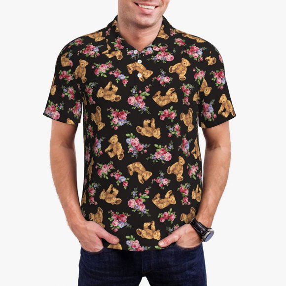 Balery Rose Flower Bear Camisa Polo de Hombre con Estampado, de Manga Corta y Tejido Medio, Camisa Tipo Golf Polo-Large