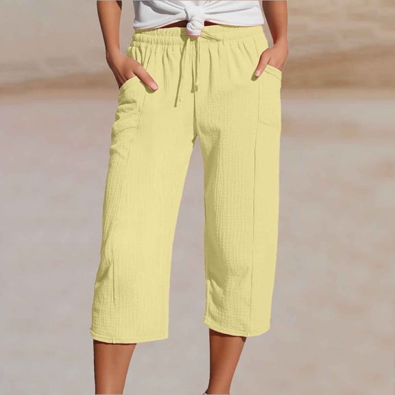 LILIYA Capris for Women Summer Casual High Waisted Drawstring Crop Pants with Pockets Solid Loose Wide Leg Lounge Trousers Boho Beach Clothes