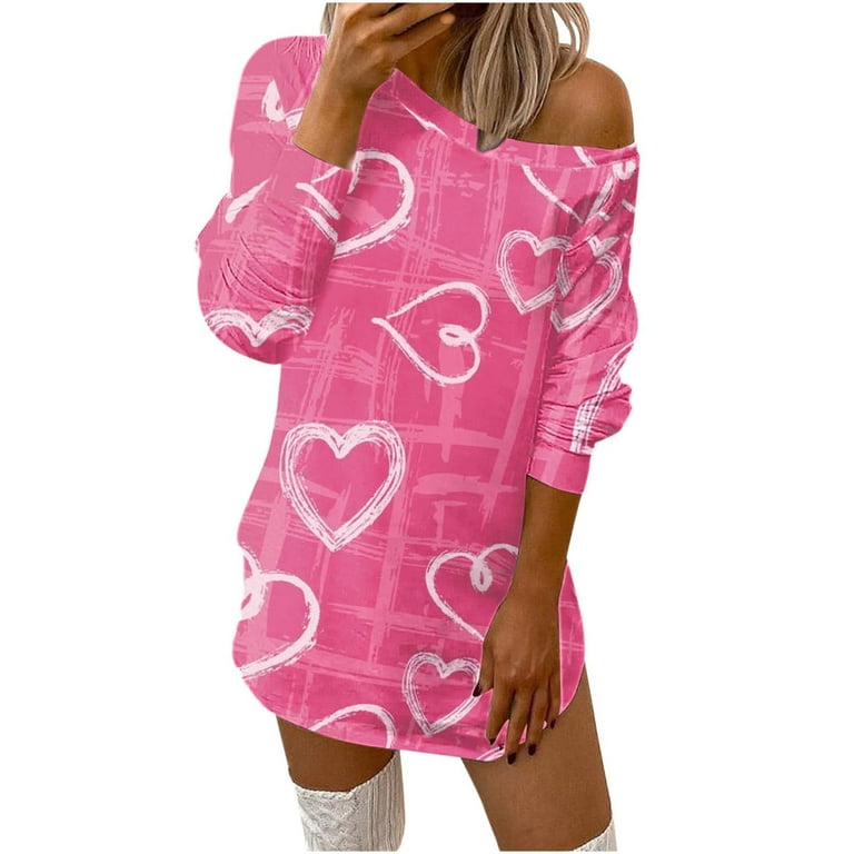 Off Shoulder Dress for Women Sexy Long Sleeve Valentine Love Heart Dresses  Casual Pink Crew Neck Comfy Mini Dresses 