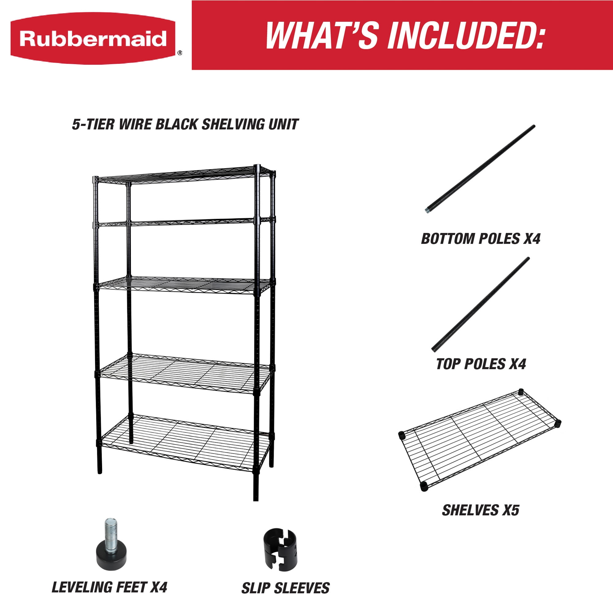 Rubbermaid Heavy Duty 5-Tier Black Wire Shelving Unit, 1250lb Capacity