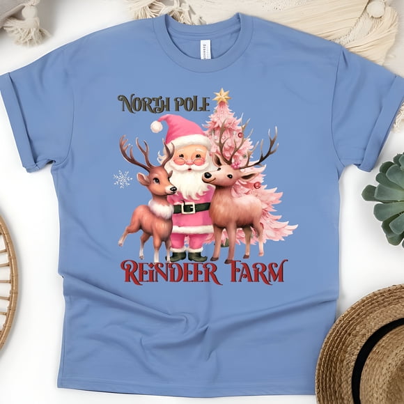 North Pole Reindeer Farm T-Shirt | Santa and Reindeer Graphic Tee, CarolinaBlue, Size M