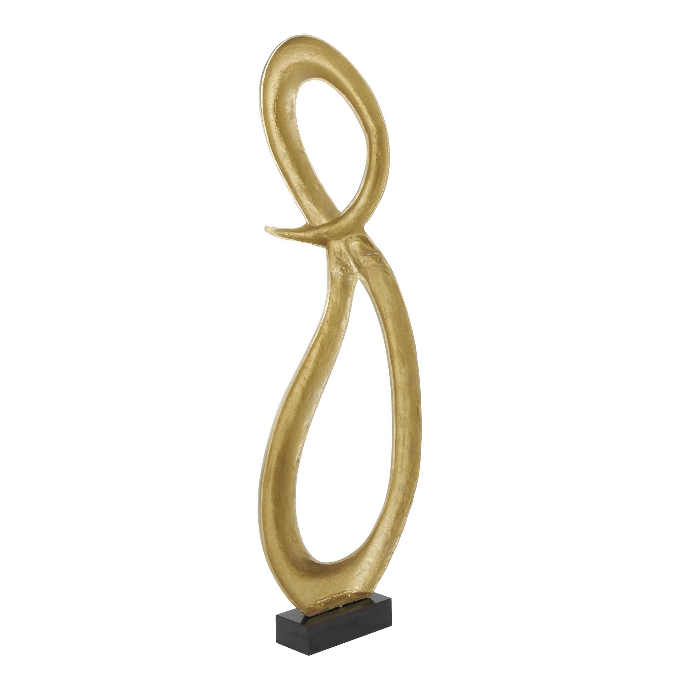 22" x 62" Gold Aluminum Metal Tall Looped Floor Abstract Sculpture with Black Marble Base, by DecMode