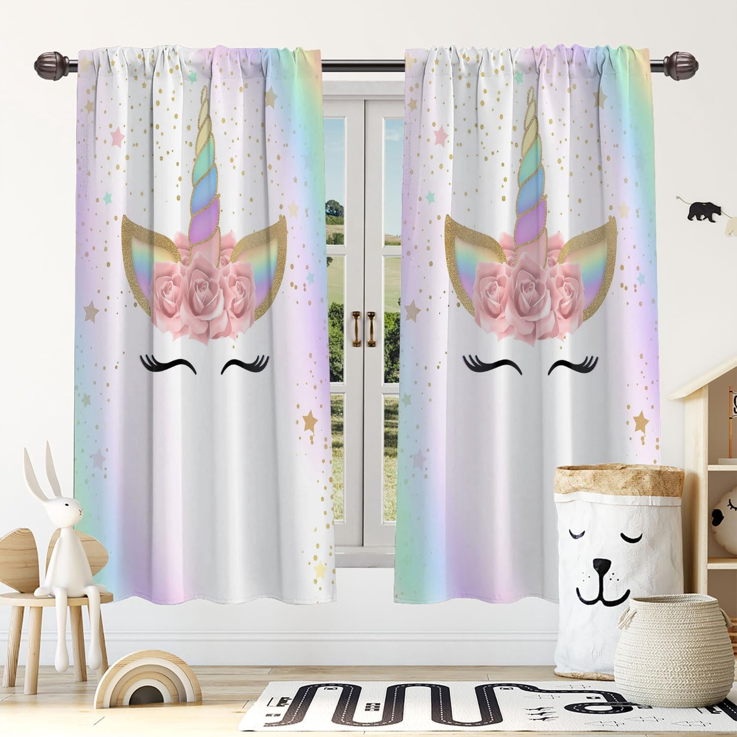 Rainbow Flower Unicorn Blackout Curtains for Kid Girls Boys Bedroom, Fantasy Cute Art Cartoon Rod Pocket Window Drapes for Bedroom Living Room, W42 x L63 Inch
