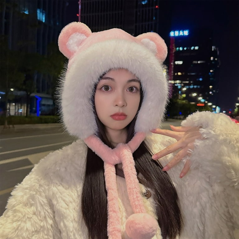 Cute Plush Faux Fur Cap with Ear Flaps Fuzzy Bear Hat Soft Cute Plush Faux Fur Cap with Ear Flaps Fuzzy Bear Hat Soft
