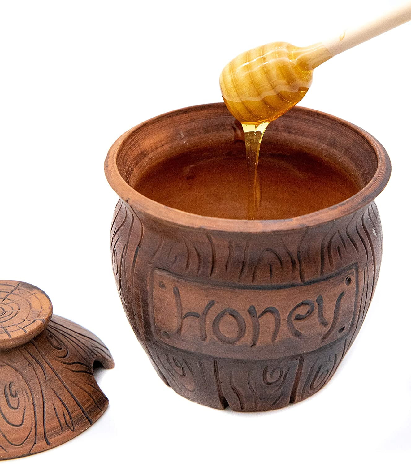 Honey Jar with a Dipper. Ceramic Honey Pot Made Out of Solid Clay Piece