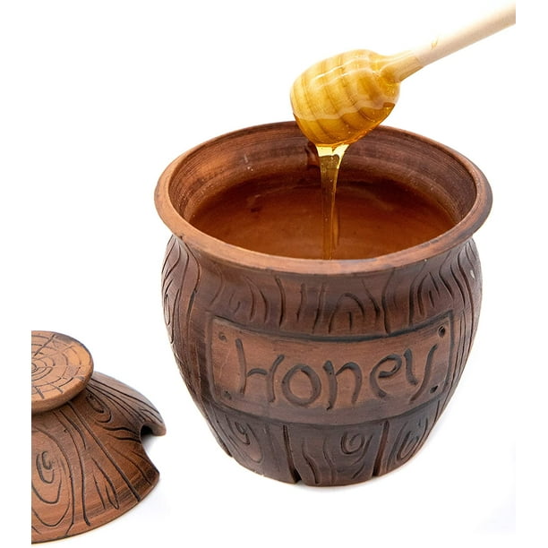 Honey Jar with a Dipper. Ceramic Honey Pot Made Out of Solid Clay Piece. Honey Container, and a