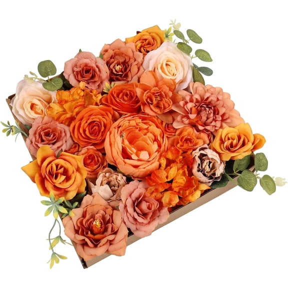 Clearance Artificial flowers under $15,Artificial Fall Flowers Orange Combo Box Set Rose Silk Mix Peony Flowers With Stems For DIY Bridal Wedding Bouquets Centerpieces Party Home Decorations