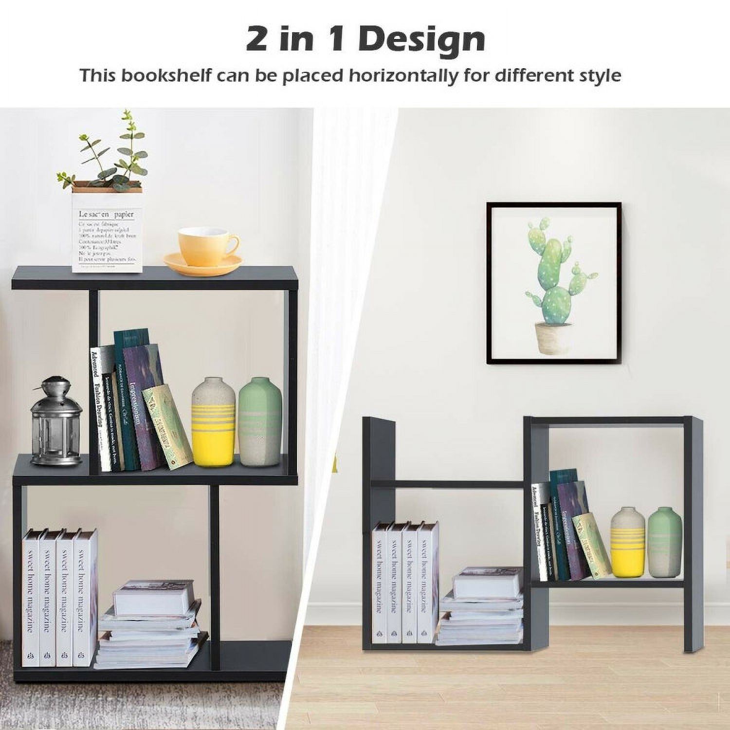 Demi Bonn 2 Tiers Wooden S-Shaped Bookcase for Living Room Bedroom Office, Freestanding Display Rack Bookshelf, Black