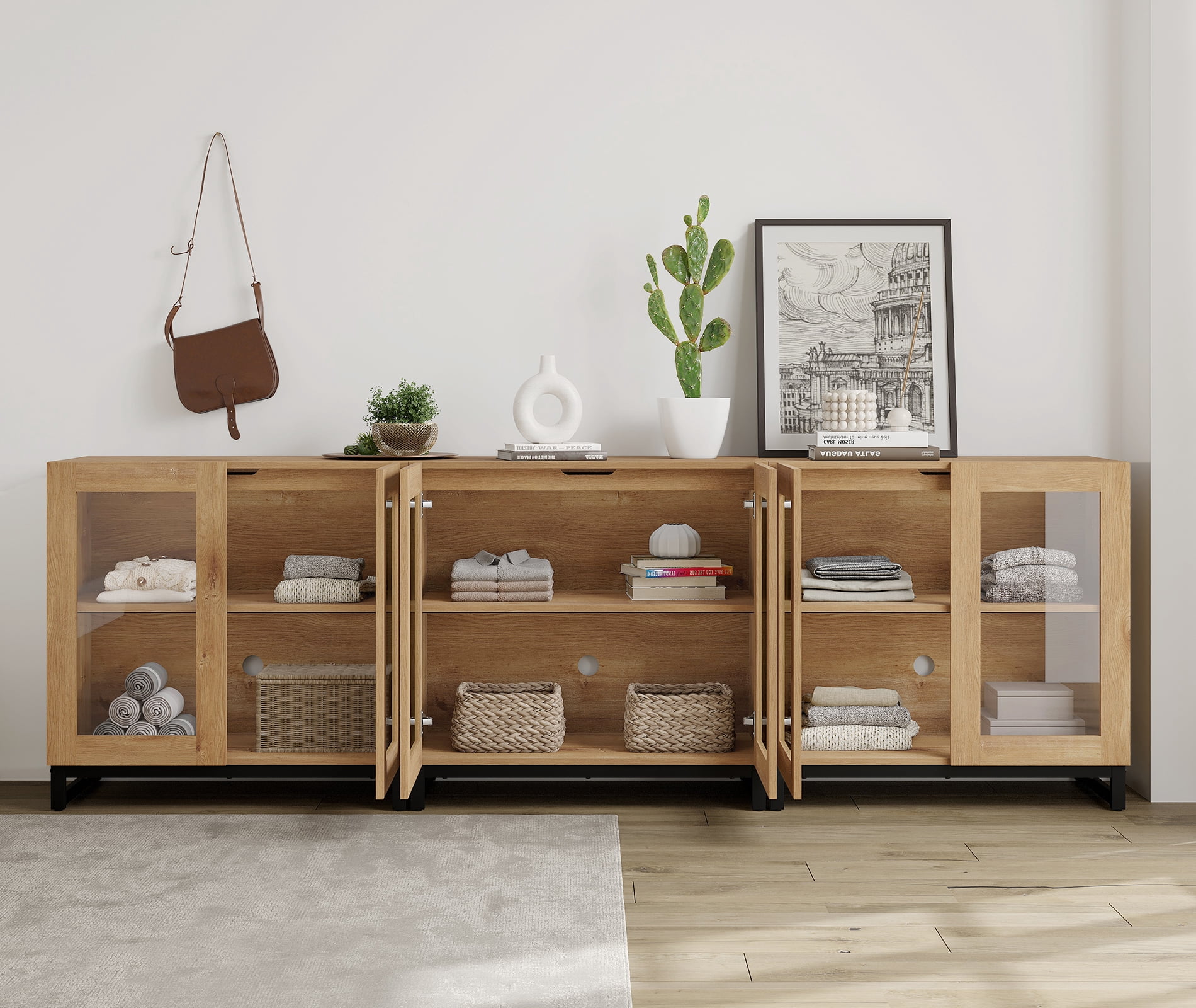 Modern TV Stand with Glass Doors, Entertainment Center TV Console with Adjustable Shelves, Media Storage Furniture up to 70 Inch TVs, Suitable for Living Room,Oak