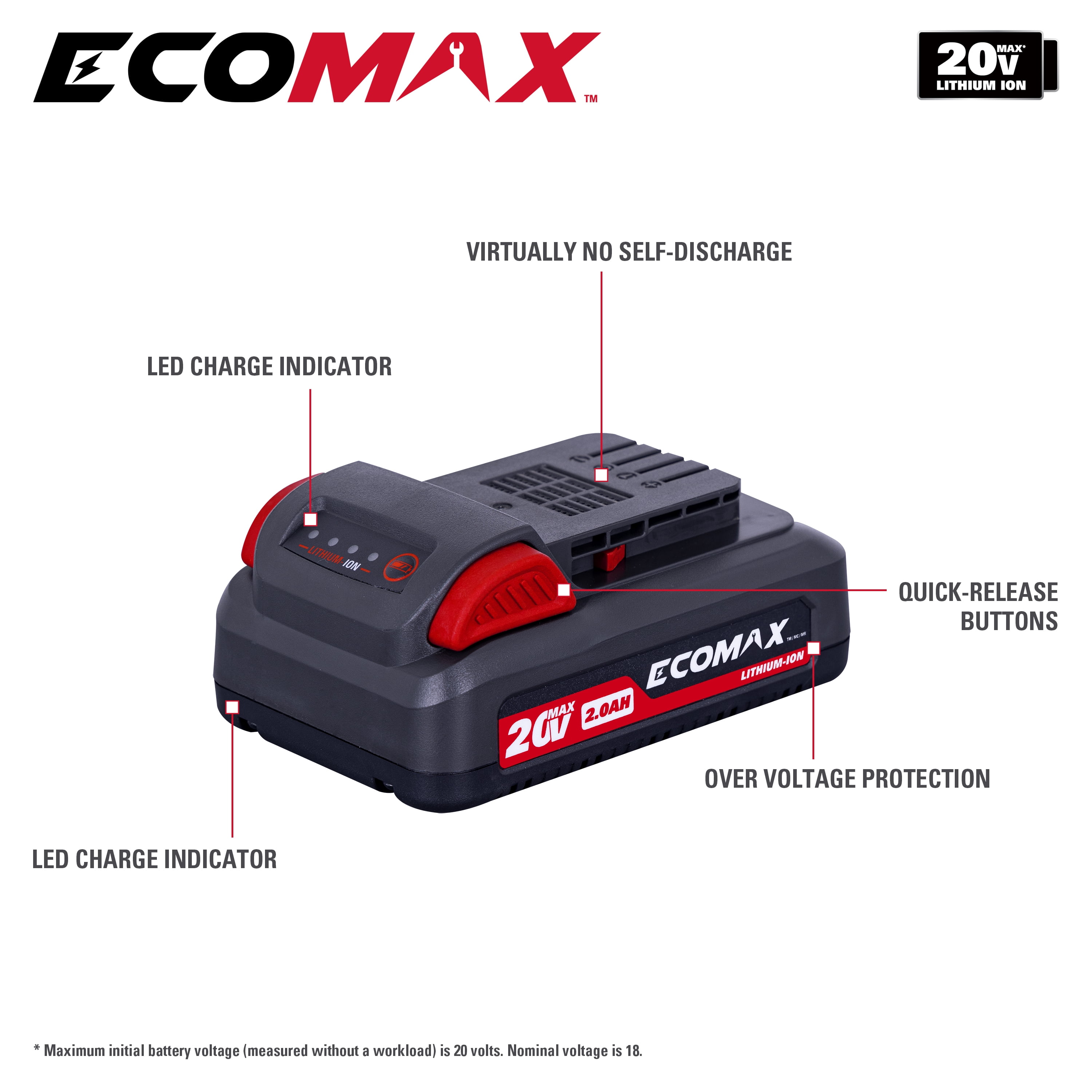 Ecomax 20V Lithium-Ion 2.0AH Battery