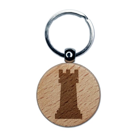 Chess Rook Piece Round Keychain Charm Tag - Engraved Wood
