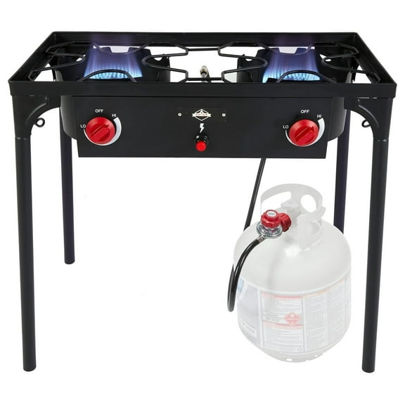 Auto Ignition Double-Burner Outdoor Gas Stove | 150,000 BTU Portable Propane-Powered Cooktop with Blue Flame Control, Removable Legs, Temperature Setting Knobs | Includes Hose & Regulator
