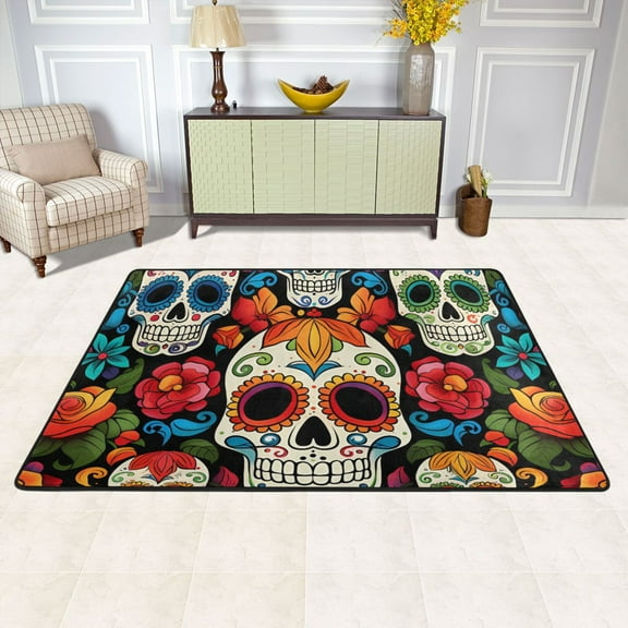 Skulls and Roses Flowers Area Floor Mats Soft Large Nursery Rugs Non-Slip Foam Carpets Living Room Doormat for Bedroom Dinning Decor 36" x 24"