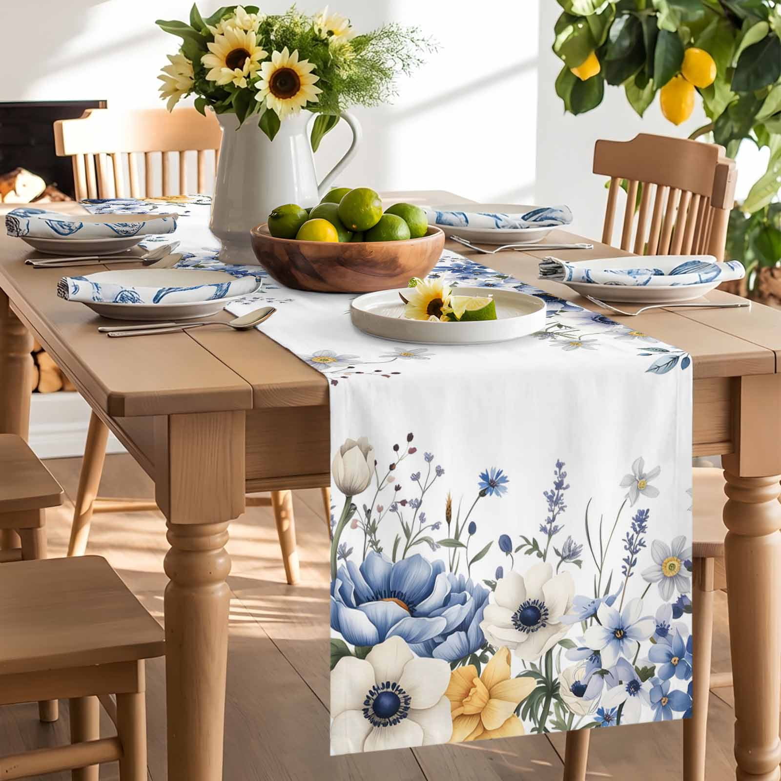 Country Blue Flowers Table Runner 90 Inches Long, Watercolor Eucalyptus Leaves Table Runners Tabletop Scarf Kitchen Dining Tables Decoration for Home Party Indoor Outdoor