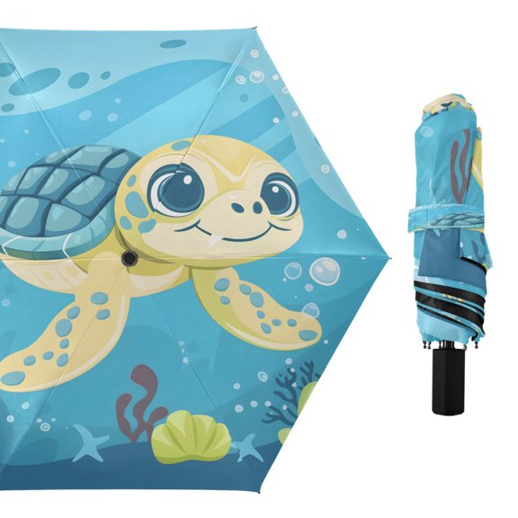 Compact Sun Umbrella Windproof Travel Umbrellas for Rain Strong Portable UV Protection Cute Turtle Swimming