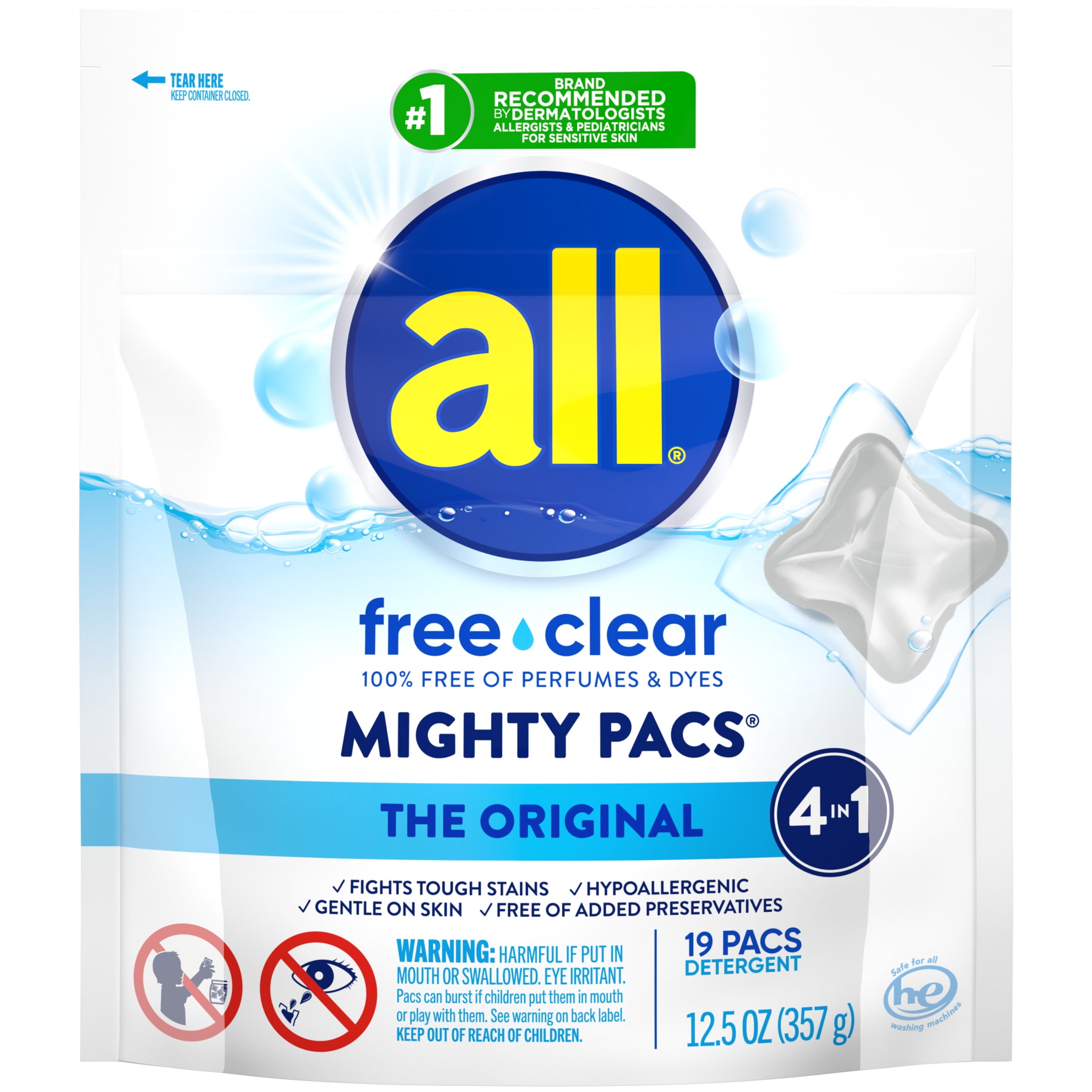 (6 pack) (6 pack) all Mighty Pacs Laundry Detergent Pacs, Free Clear for Sensitive Skin, Unscented and Dye Free, 19 Count