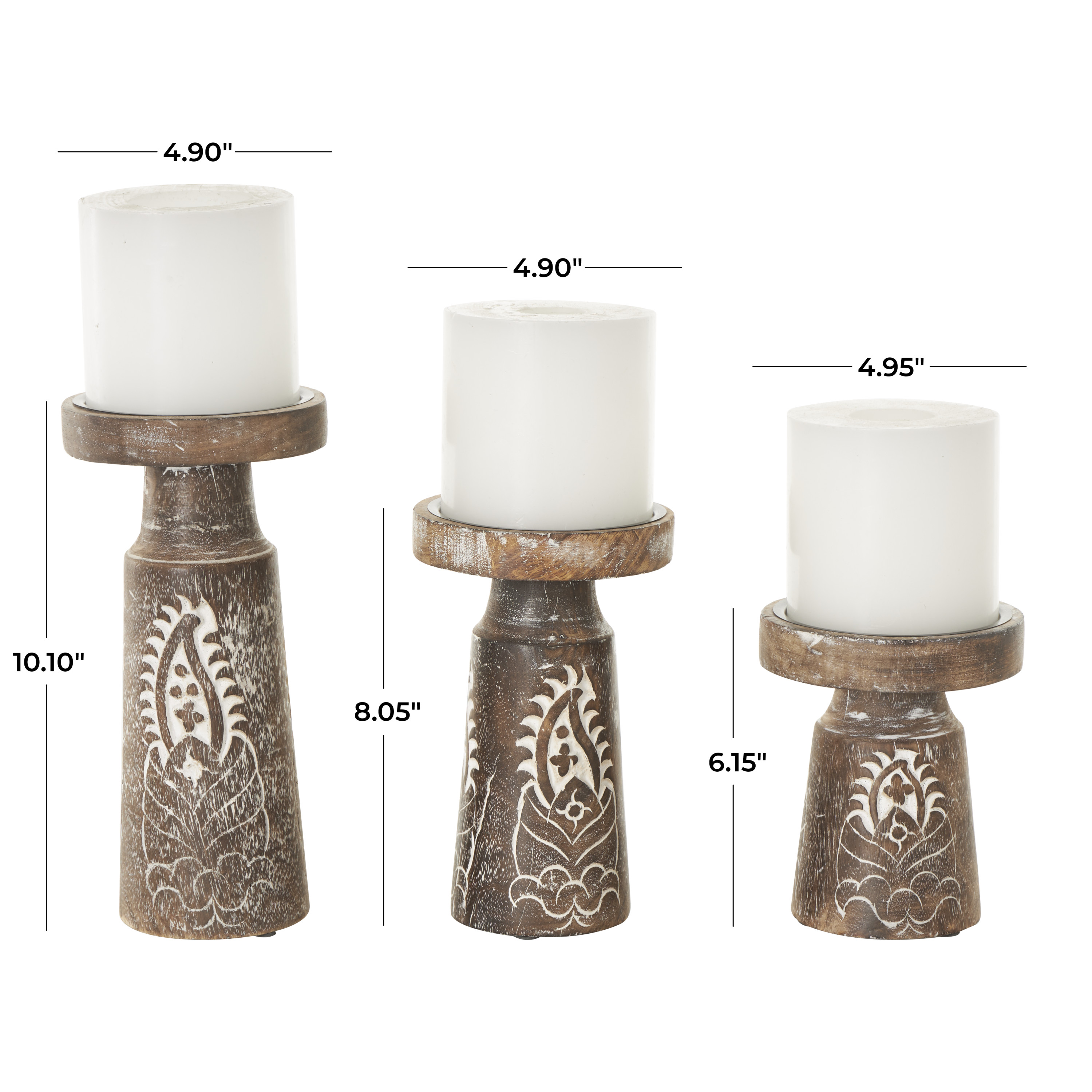 DecMode 3 Candle Dark Brown Mango Wood Tribal Pillar Candle Holder, Set of 3