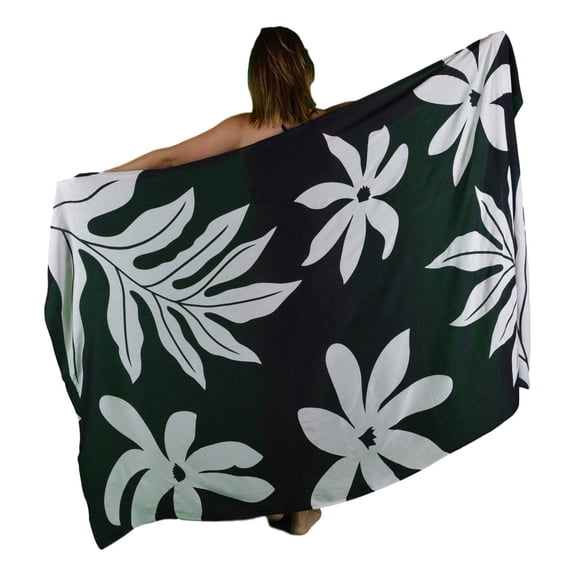 Island Style Women's Pareo Sarong Cover-up- Hawaiian Floral, Black and White