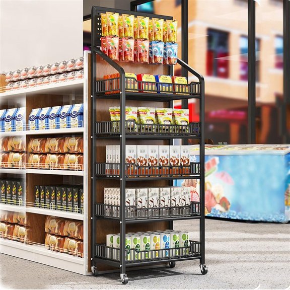 5 Tier Retail Display Rack, Metal Storage Shelf Stand for Snacks/Fruits/Tools, Snack Rack with Wheels, Easy Assembly 19.7x10.6x63 inch(Color:Black)