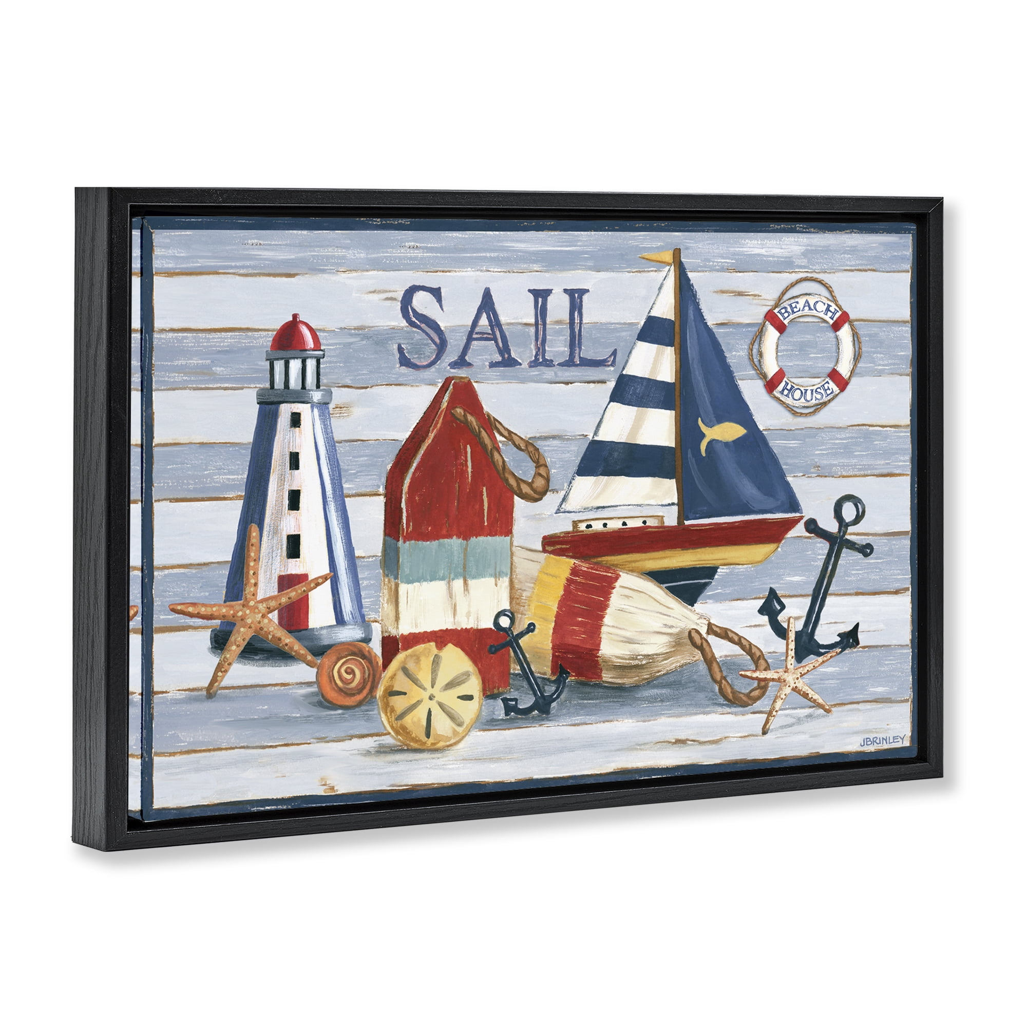 Stupell Industries Striped Nautical Still Life Nautical & Beach Painting Black Floater Framed Canvas Art Print Wall Art, 25 x 17
