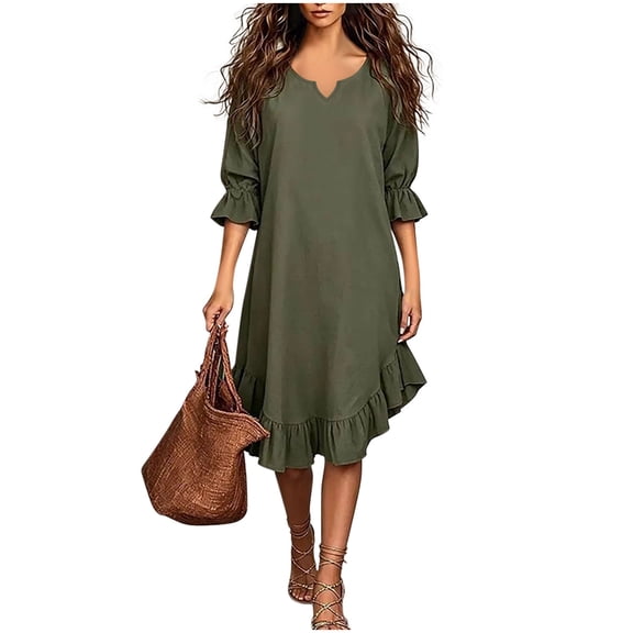 Ayolanni 3/4 Sleeve Dresses for Women Solid V-Neck Flutter Sleeve Lightweight Maxi A-Line Dress Flowy Ruffle Hem Vacation Straight Sundress Green L