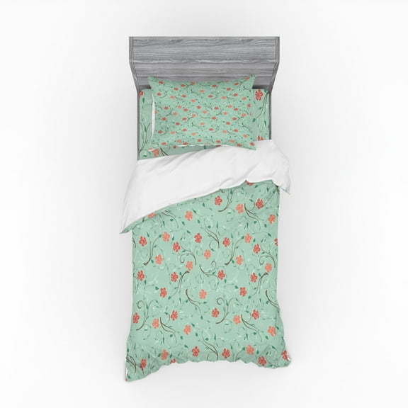 Floral Duvet Cover Set, Fresh Flowers Flourishing on Thin Curly Branches Tenderness and Fragility Theme, Bedding Set with Shams and Fitted Sheet, 3 Sizes, by Ambesonne