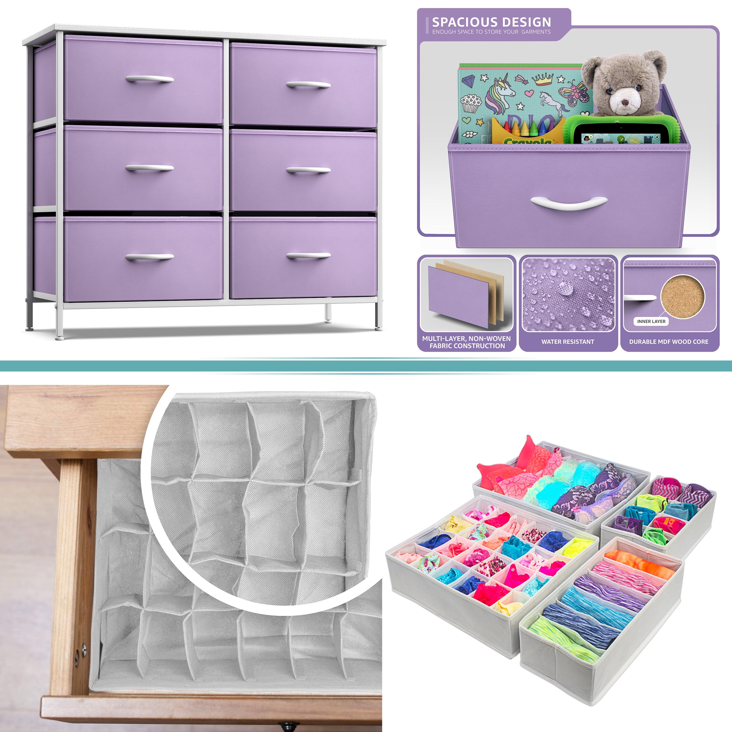 Sorbus 6-Drawer Nightstand with Foldable Fabric Drawer Dividers: Ideal for Kids Bedroom, Nursery