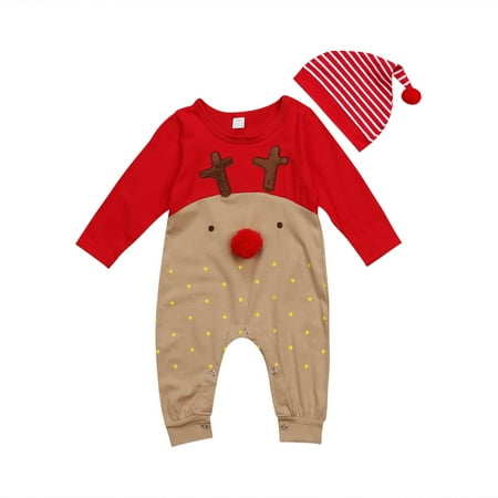 

Sunisery Kids Baby Girls Boys Deer Rompers with Hat Christmas Jumpsuit Outfits Red 6-12 Months