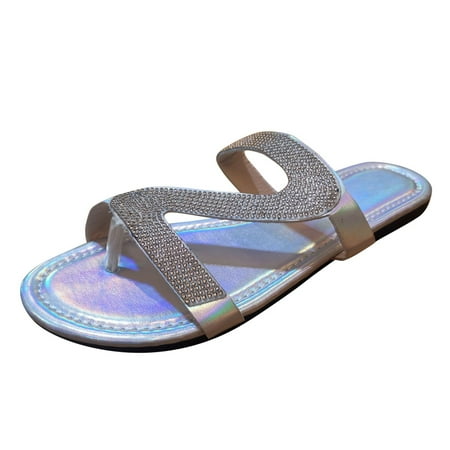 

Wiueurtly Flat Women s Sandals Slip-On Shoes Open Breathable Toe Fashion Beach Rhinestone Women s slipper Acupressure Massage Slippers Women Strap Heel Sandals Women