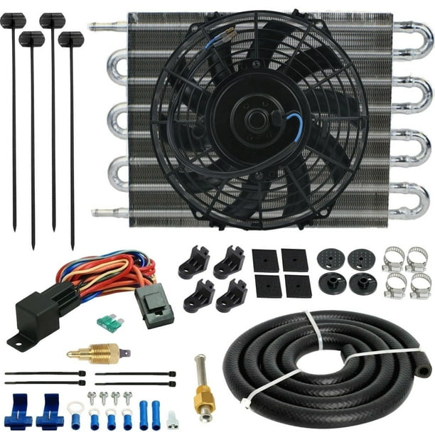 8 Row Engine Transmission Oil Cooler 9" Inch Electric Cooling Fan Ground Thermostat Temp Switch