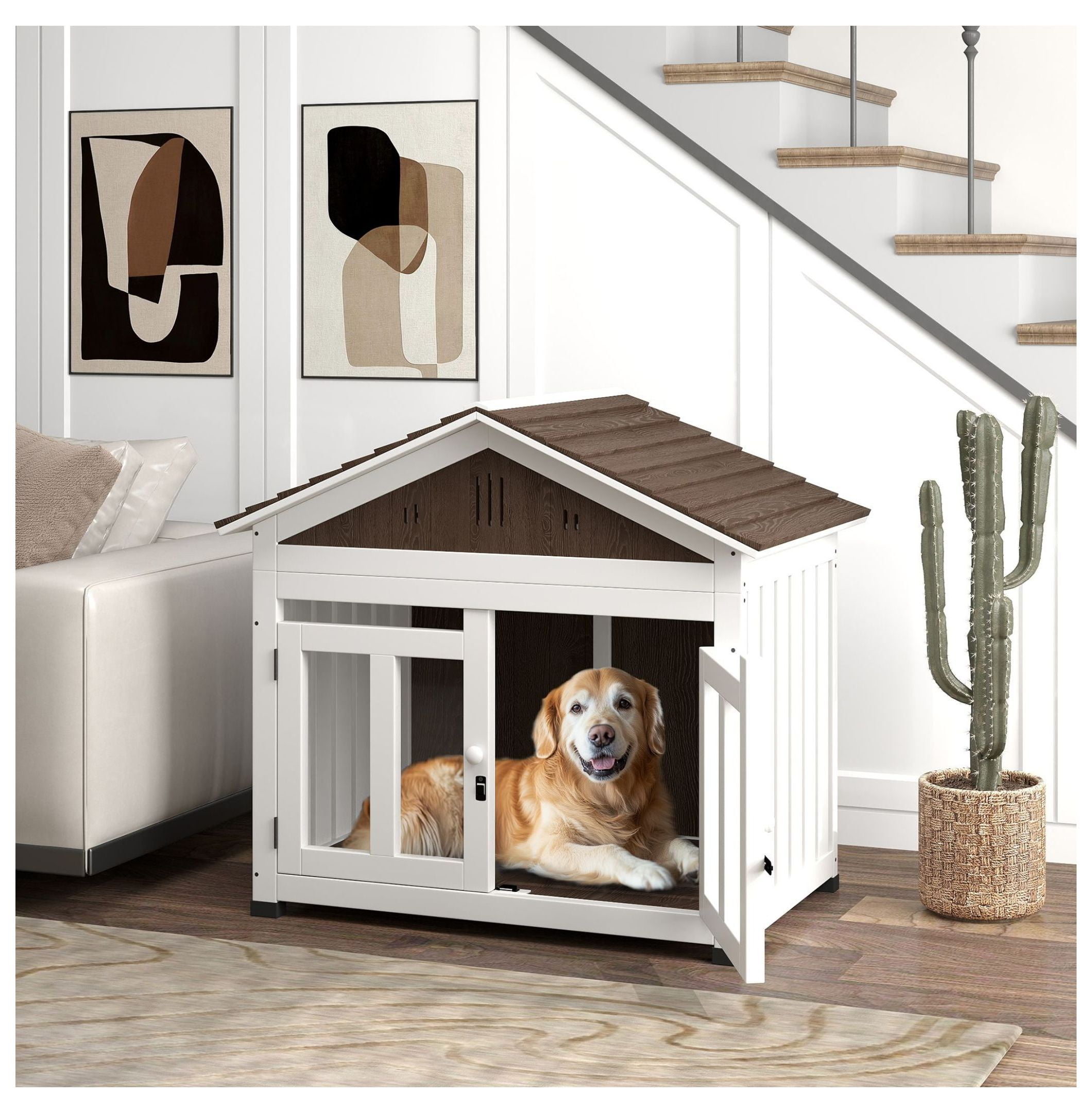 40"L Wooden Dog House Outdoor Indoor for Small, Medium, Large Dogs, with & Elevated Removable Floor